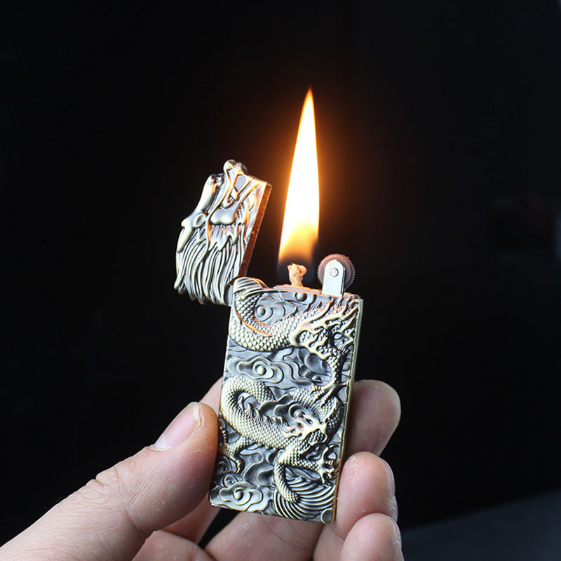Embossed Chinese Dragon Kerosene Lighter Double-sided Carved Metal Thin Grinding Wheel Lighter